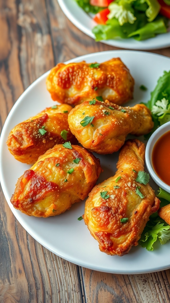Crispy Air Fryer Chicken Recipe Crispy air fryer chicken pieces on a plate, garnished with herbs and served with dipping sauce.